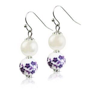 Purple Porcelain Pearl Drop Earrings For Women - Simulated Pearl Dangle Earrings